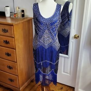 Flapper 1920s Blue Fringe Dress XL